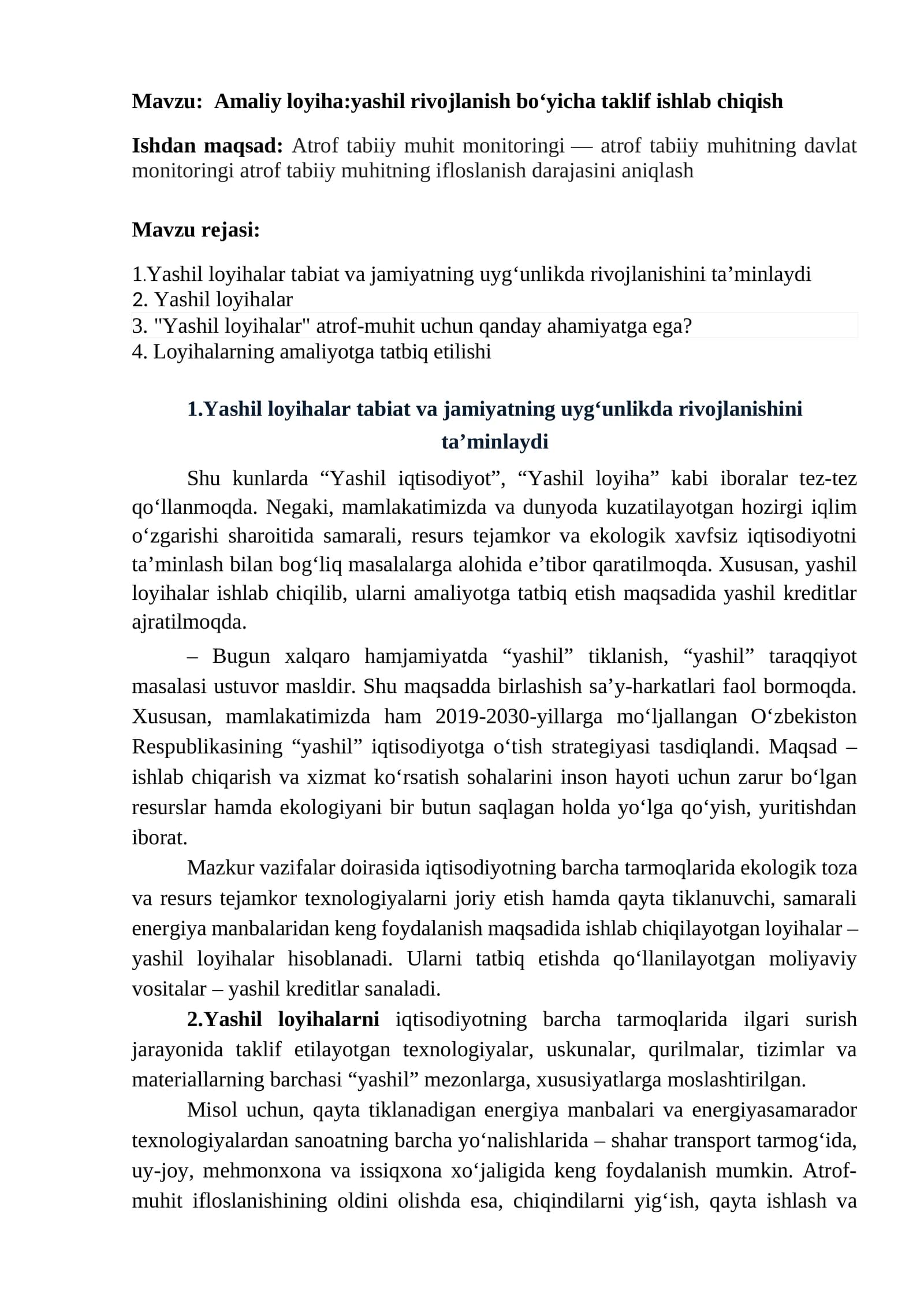 Amaliy loyiha:yashil rivojlanish boʻyicha taklif ishlab chiqish