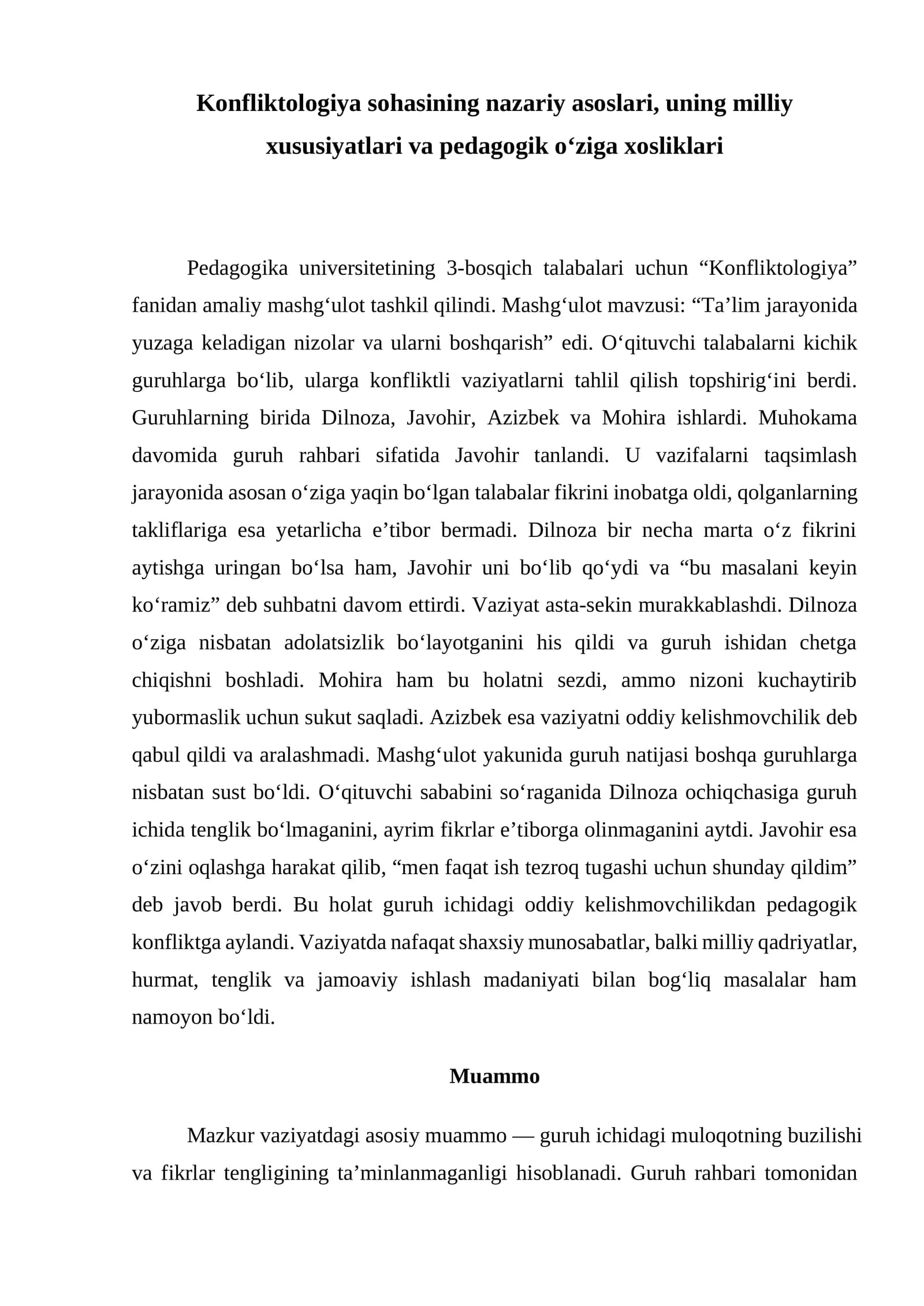 Konfliktologiya sohasining nazariy asoslari, uning milliy xususiyatlari va pedagogik o‘ziga xosliklari