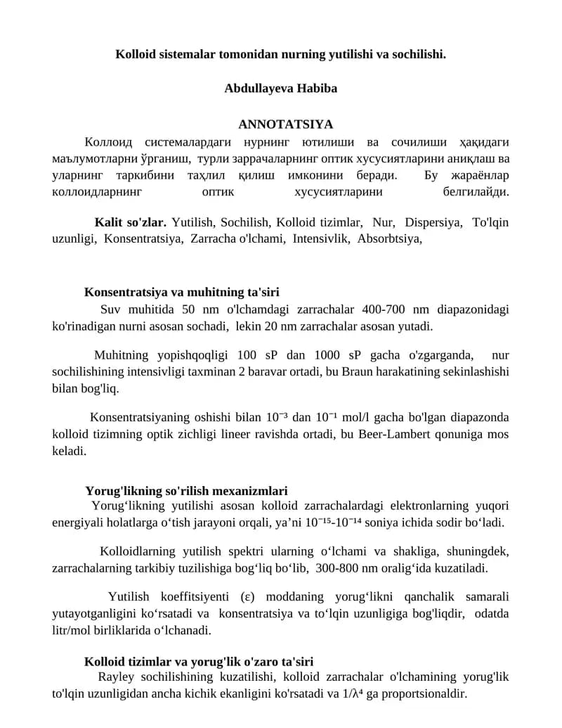 Kolloid Tizimlar va Nurlarning Yutilishi