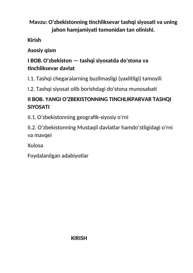 Oʻzbekistonning tinchliksevar tashqi siyosati va uning jahon hamjamiyati tomonidan tan olinishi.