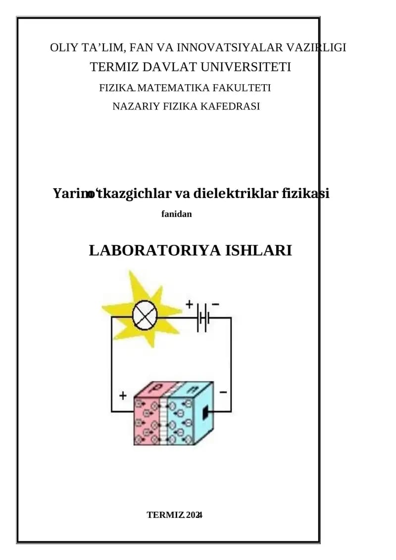 Yarim o‘tkazgichlar va dielektriklar fizikasi fanidan LABORATORIYA ISHLARI