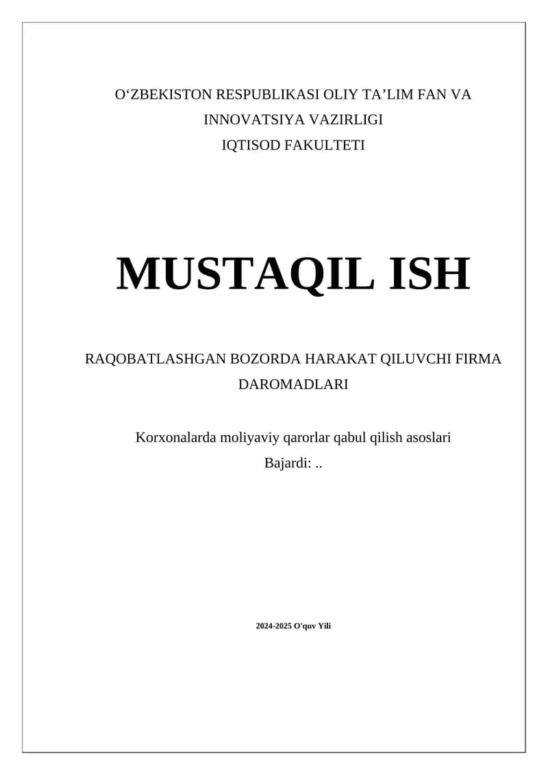 Raqobatlashgan bozorda harakat qiluvchi firma daromadlari mavzusi