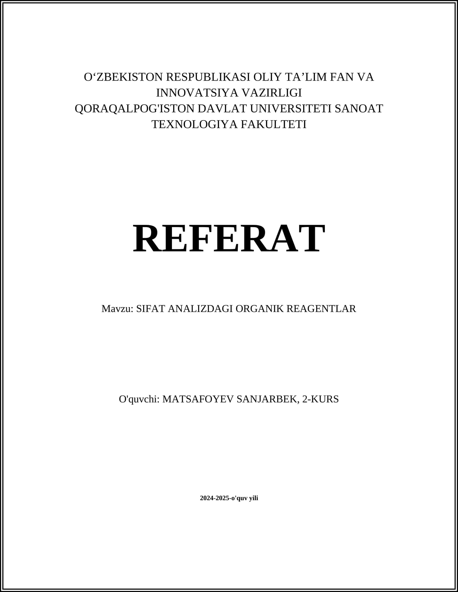 SIFAT ANALIZDAGI ORGANIK REAGENTLAR