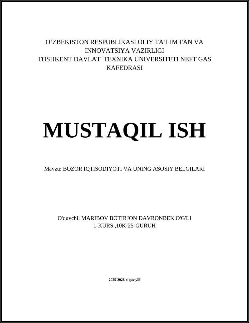 Bozor iqtisodiyoti va uning asosiy belgilari
