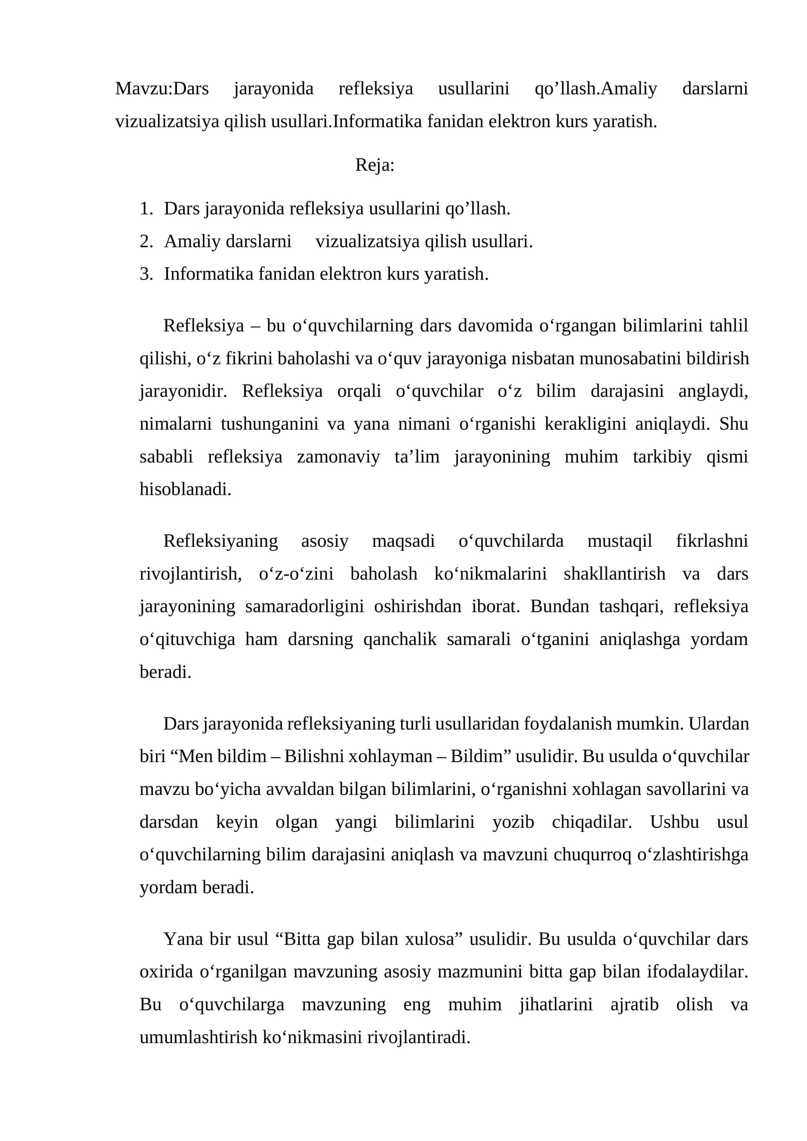 Dars jarayonida refleksiya usullarini qo’llash