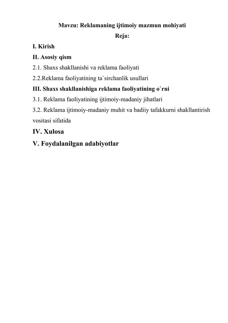 Reklamaning ijtimoiy mazmun mohiyati