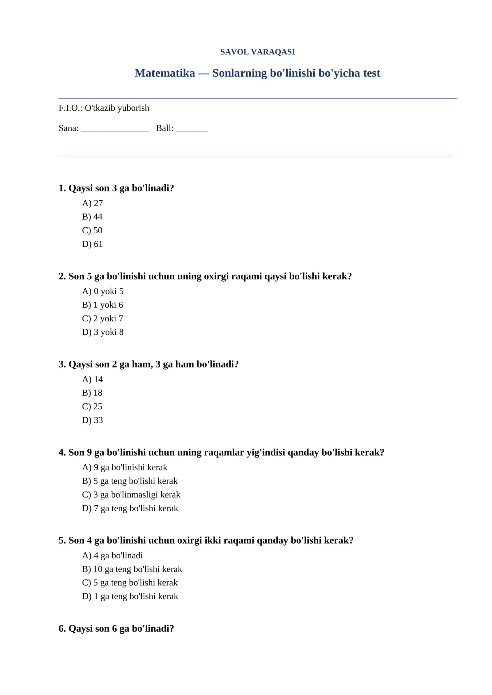 Matematika — Sonlarning bo'linishi bo'yicha test