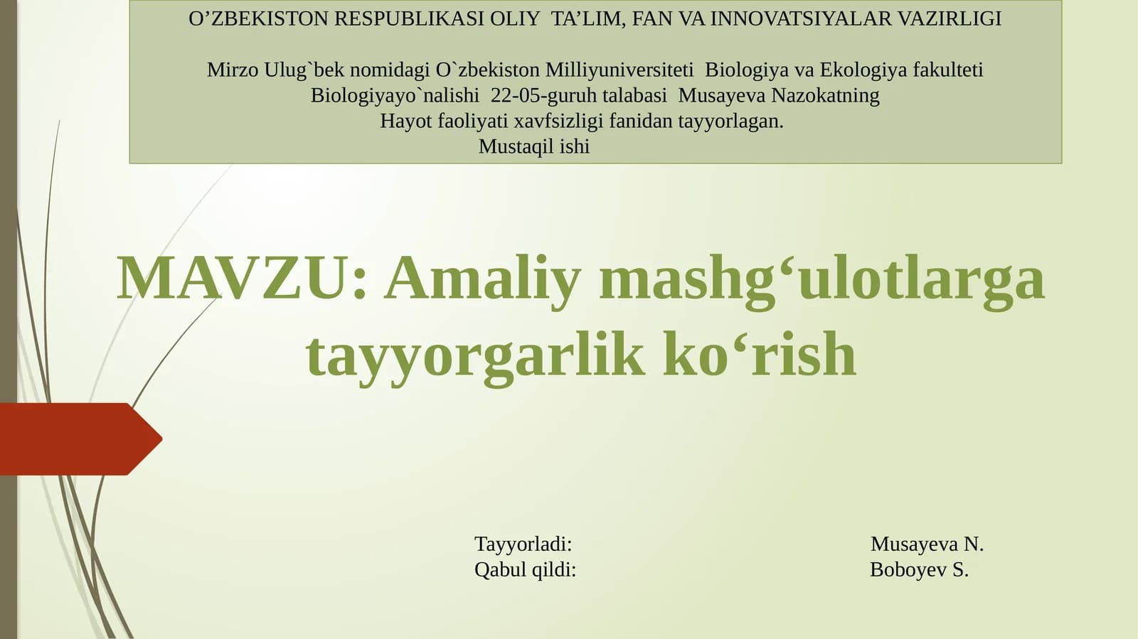 Hayot faoliyati xavfsizligi fanidan tayyorlagan