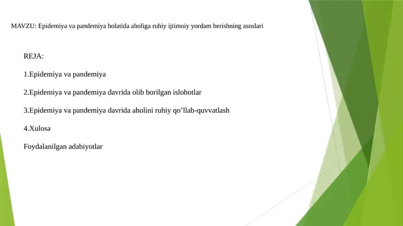 Epidemiya va pandemiya holatida aholiga ruhiy ijtimoiy yordam berishning asoslari