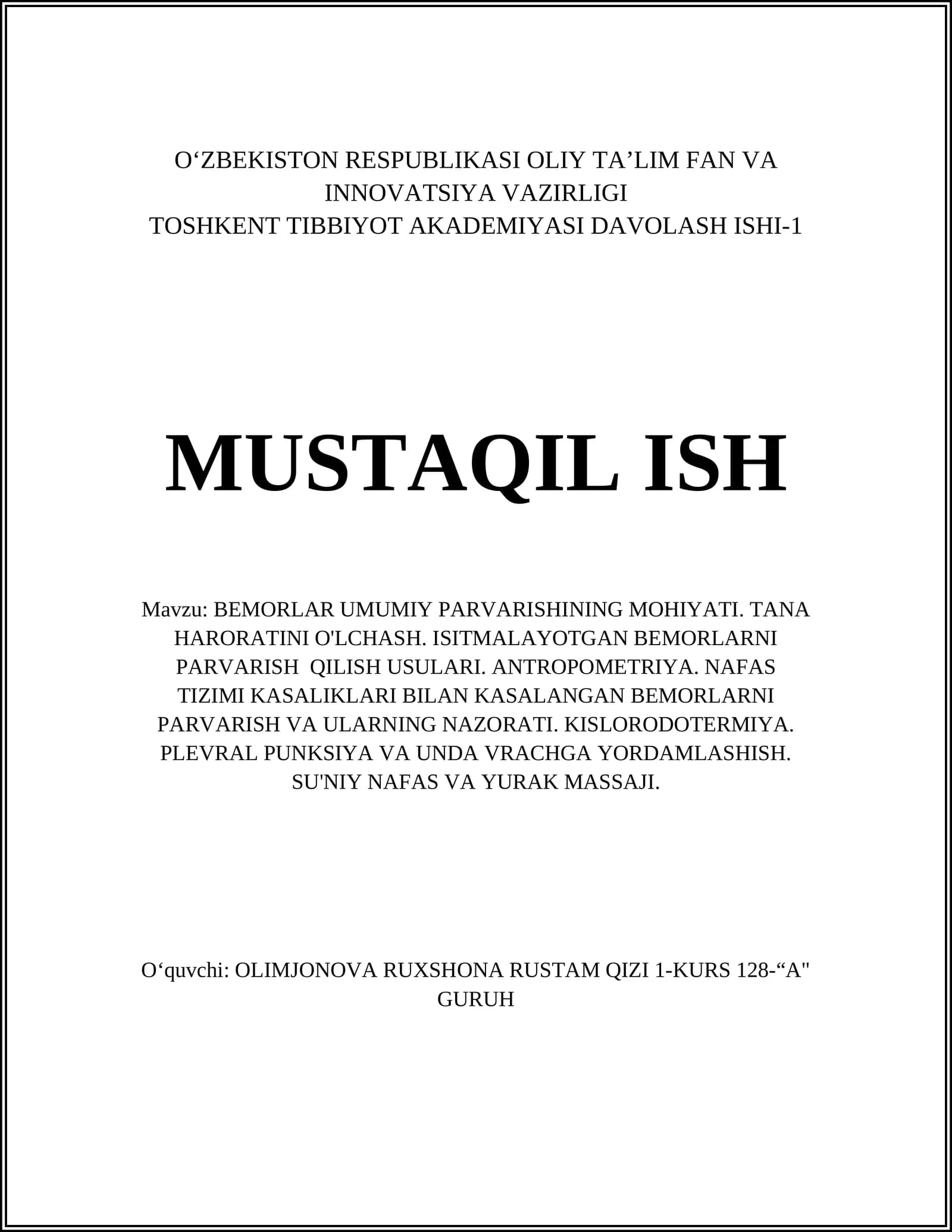 BEMORLAR UMUMIY PARVARISHINING MOHIYATI