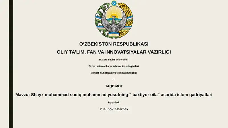 Shayx muhammad sodiq muhammad yusufning " baxtiyor oila" asarida islom qadriyatlari