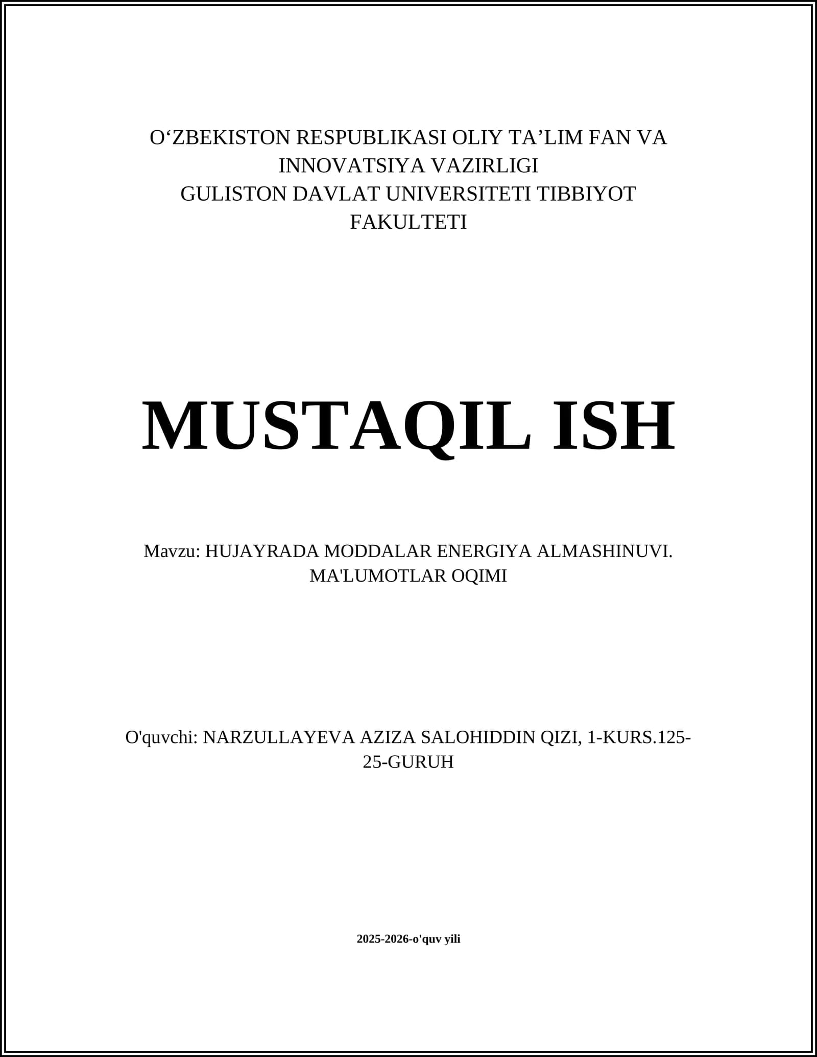 HUJAYRADA MODDALAR ENERGIYA ALMASHINUVI. MA'LUMOTLAR OQIMI