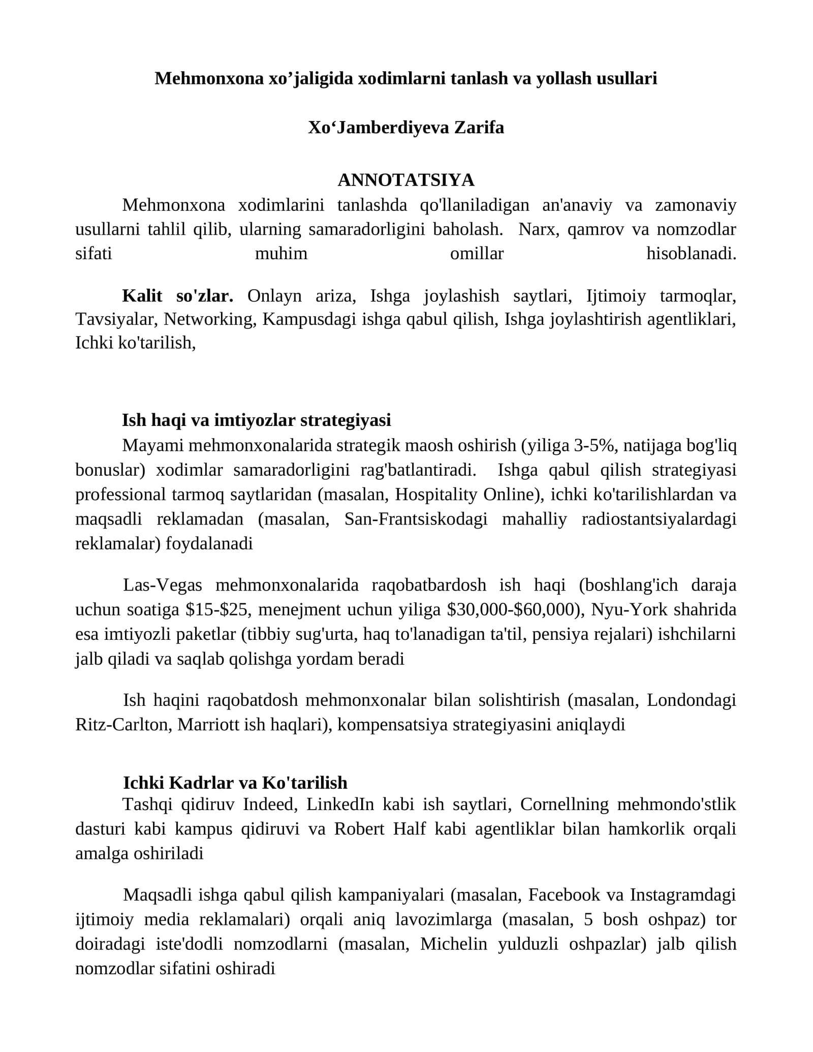 Mehmonxona xo’jaligida xodimlarni tanlash va yollash usullari