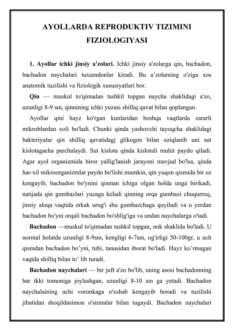 Ayollarda Reproduktiv Tizimini Fiziologiyasi