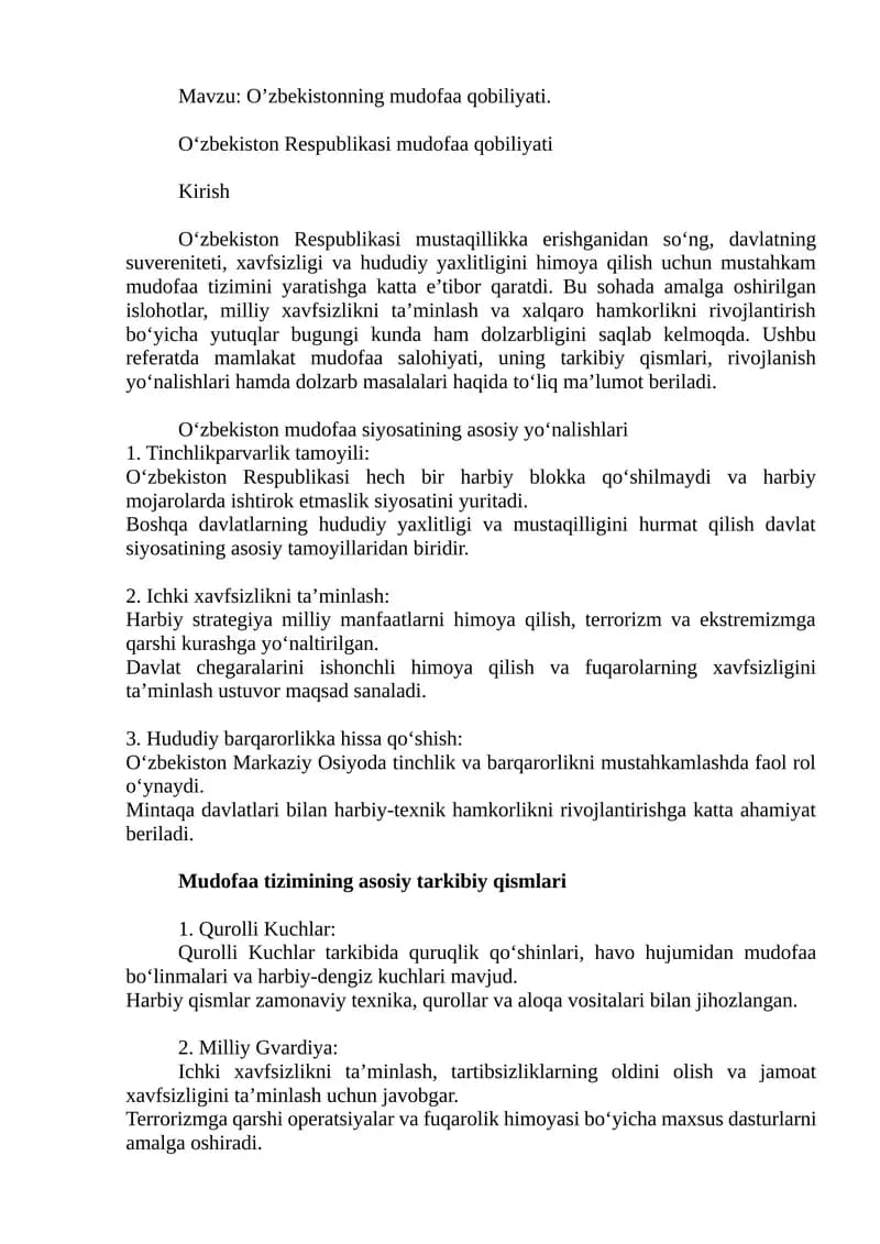 O’zbekistonning mudofaa qobiliyati