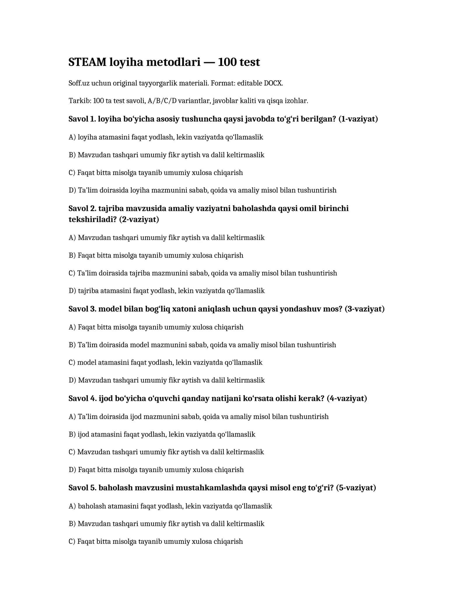 STEAM loyiha metodlari — 100 test