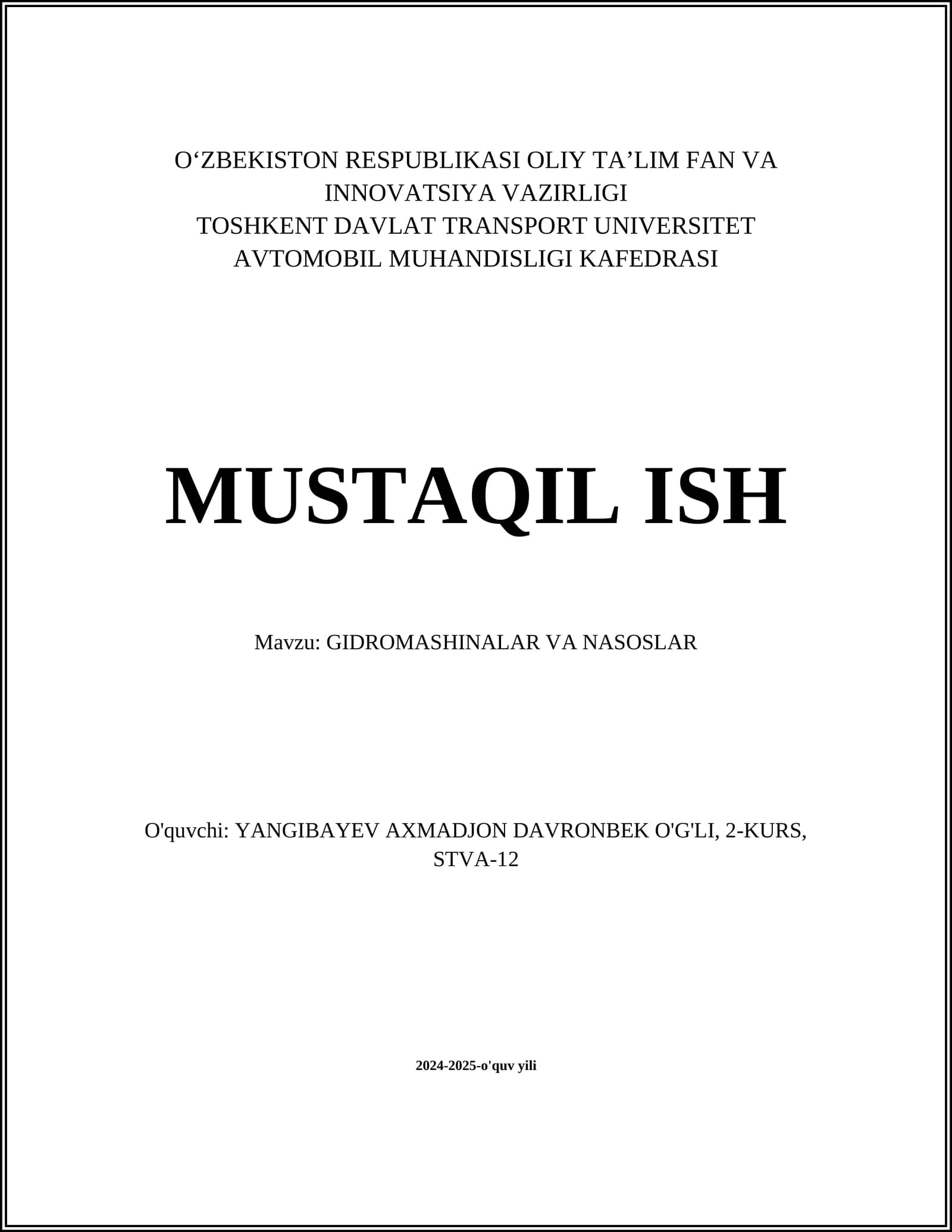 GIDROMASHINALAR VA NASOSLAR