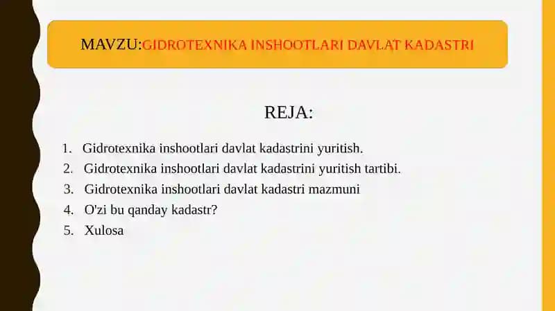 Gidrotexnika inshootlari davlat kadastrini yuritish