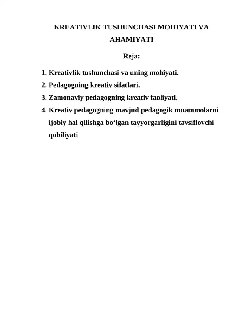 KREATIVLIK TUSHUNCHASI MOHIYATI VA AHAMIYATI