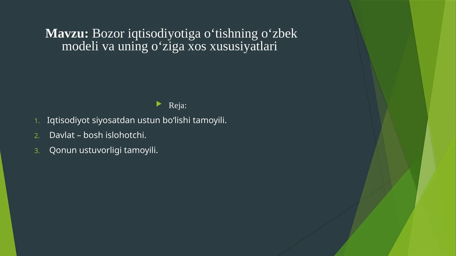 Bozoriqtisodiyotigaoʻtishningoʻzbekmodelivauningoʻzigaxosxususiyatlari