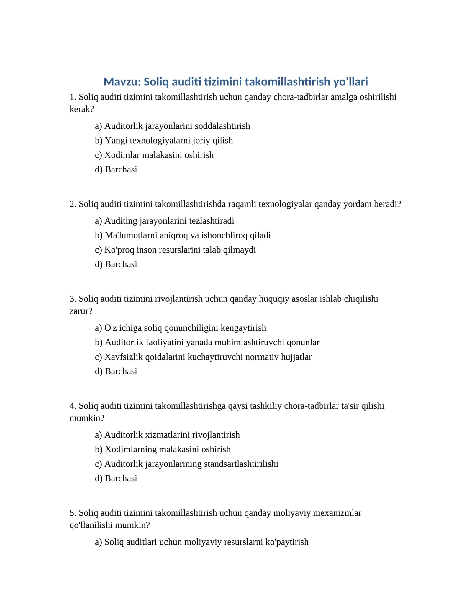 Soliq auditi tizimini takomillashtirish yo'llari