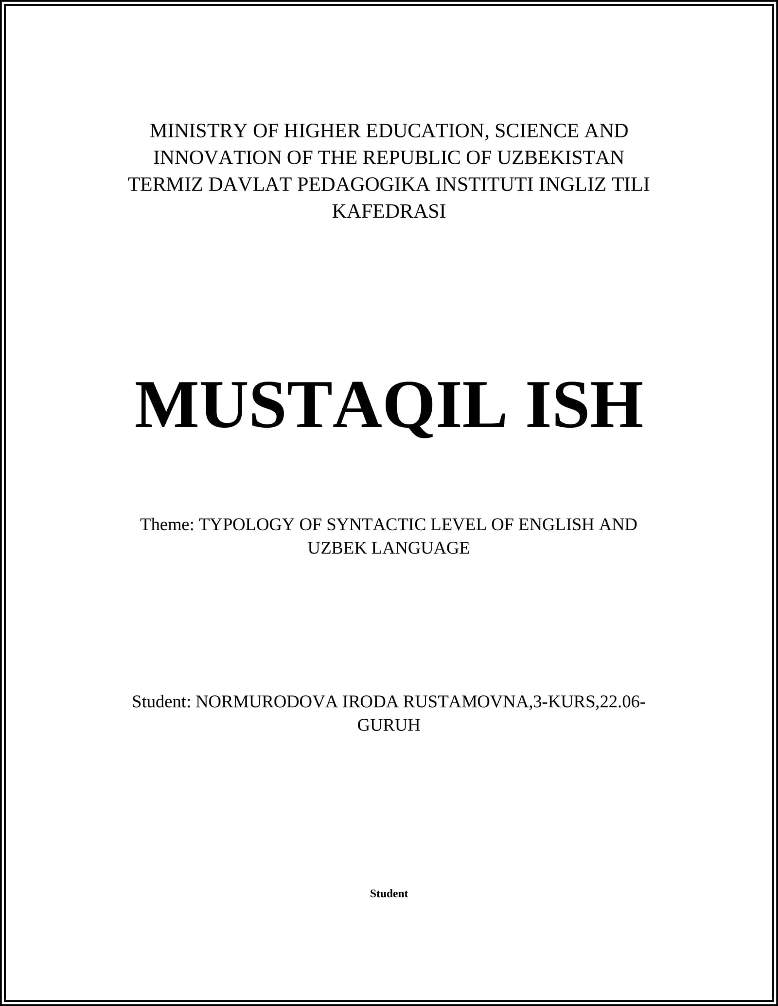 TYPOLOGY OF SYNTACTIC LEVEL OF ENGLISH AND UZBEK LANGUAGE