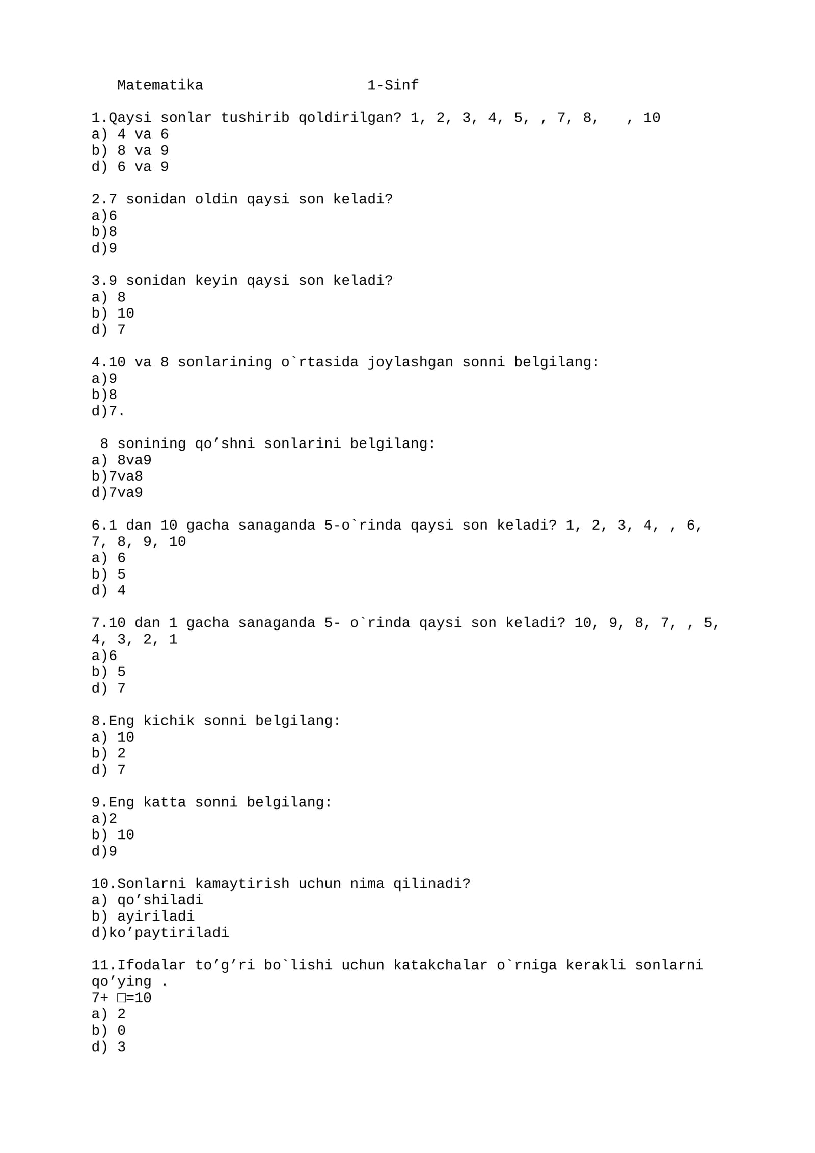 Matematika 1-Sinf