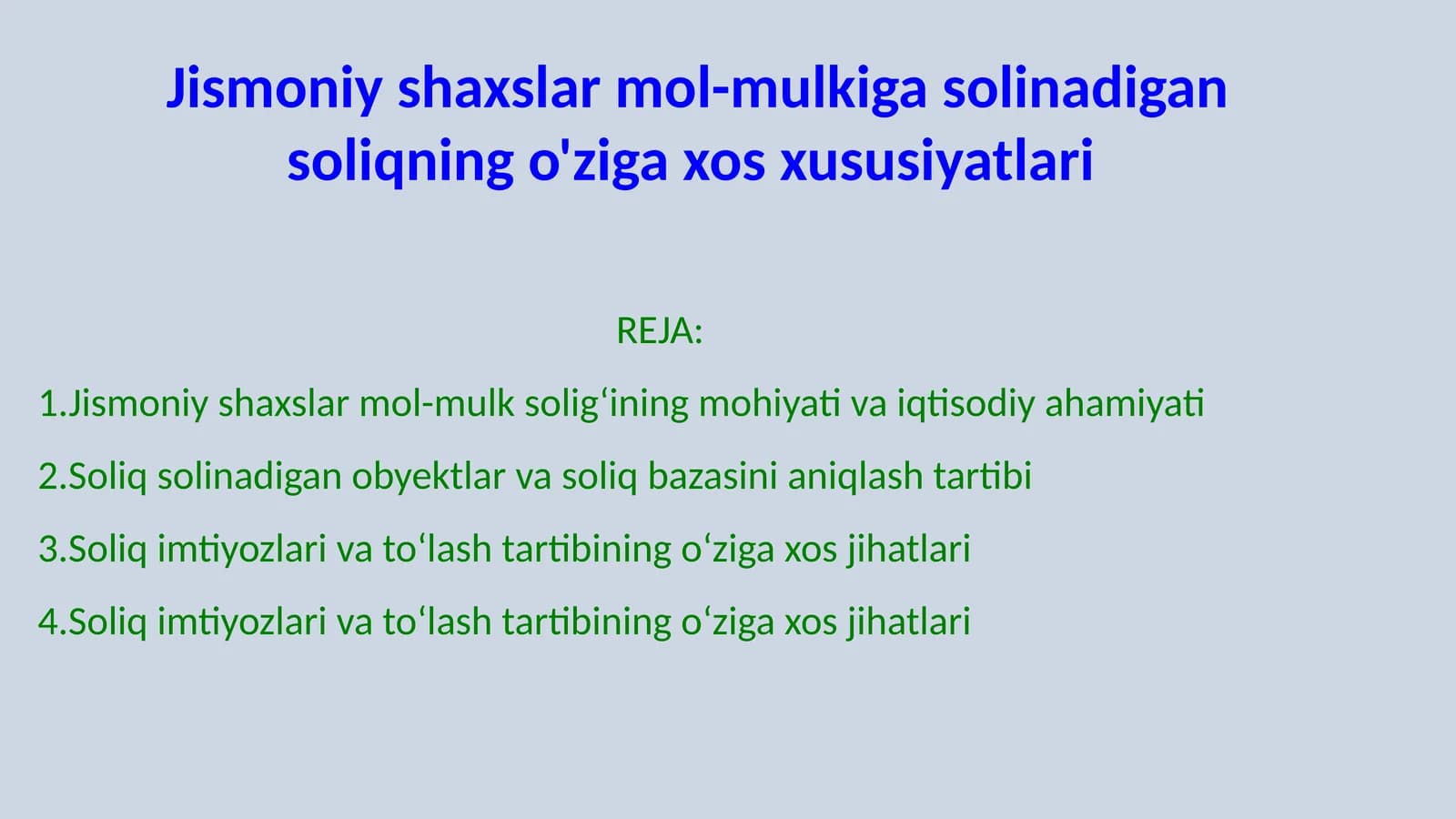 Jismoniy shaxslar mol-mulkiga solinadigan soliqning o'ziga xos xususiyatlari