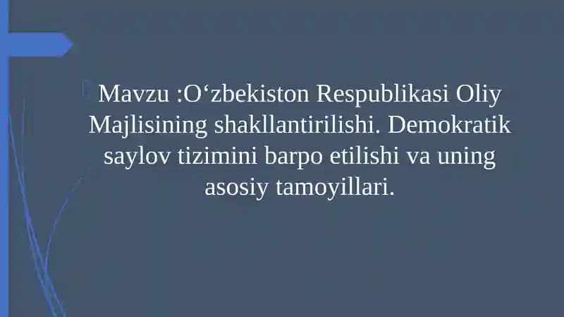 O‘zbekiston Respublikasi Oliy Majlisining shakllantirilishi. Demokratik saylov tizimini barpo etilishi va uning asosiy tamoyillari