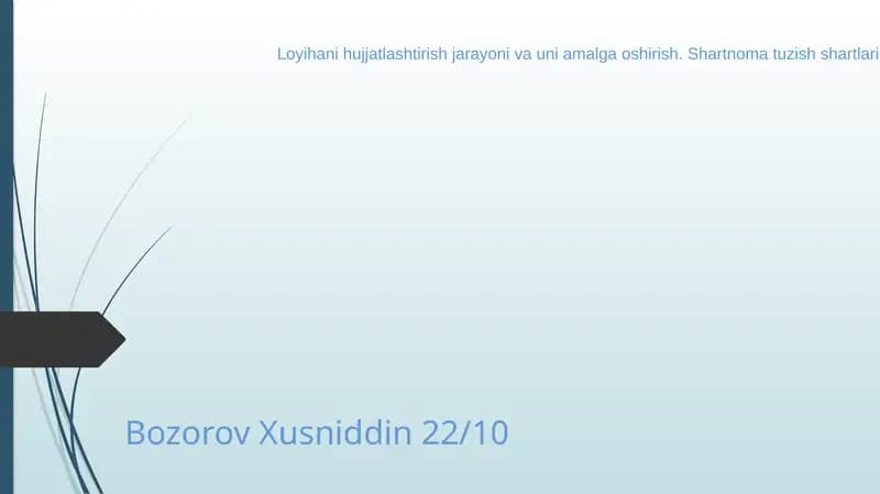 Loyihani hujjatlashtirish jarayoni va uni amalga oshirish. Shartnoma tuzish shartlari