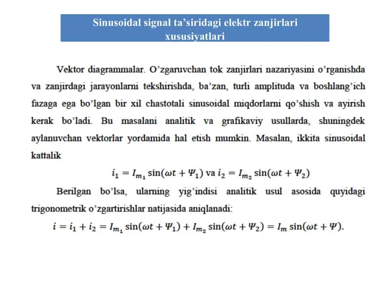 Sinusoidal signal ta’siridagi elektr zanjirlari xususiyatlari