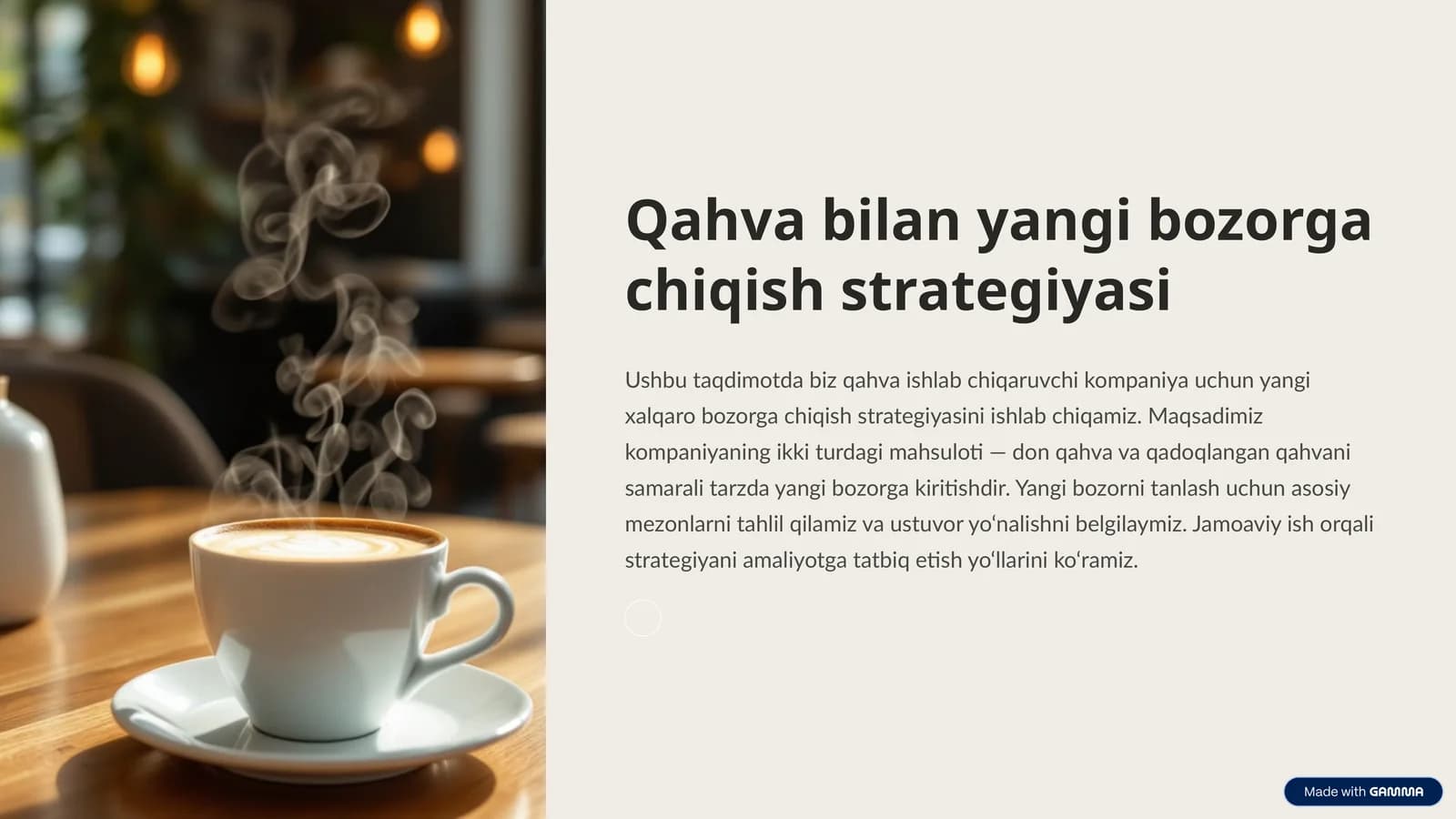 Qahva bilan yangi bozorga chiqish strategiyasi