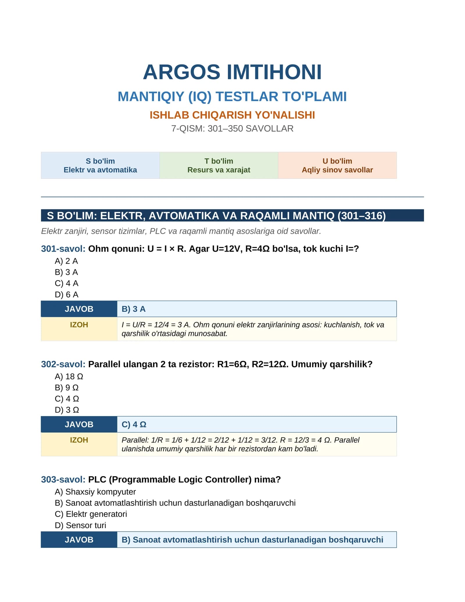 ARGOS IMTIHONI MANTIQIY (IQ) TESTLAR TO'PLAMI