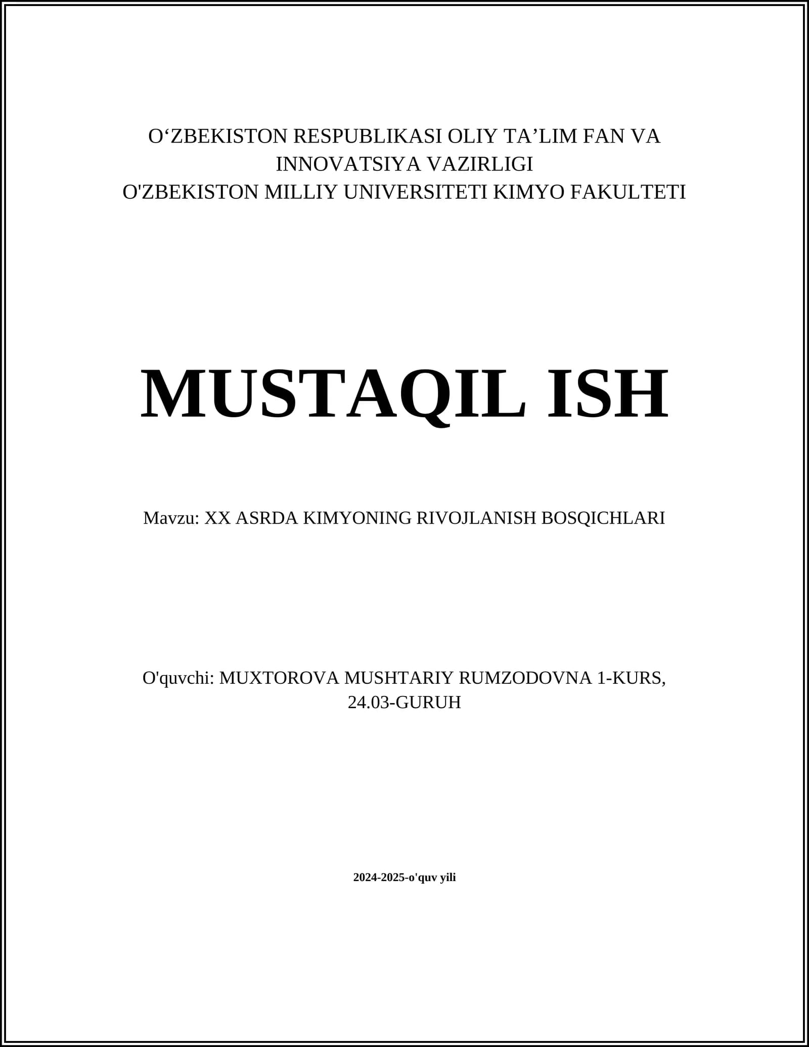 XX ASRDA KIMYONING RIVOJLANISH BOSQICHLARI