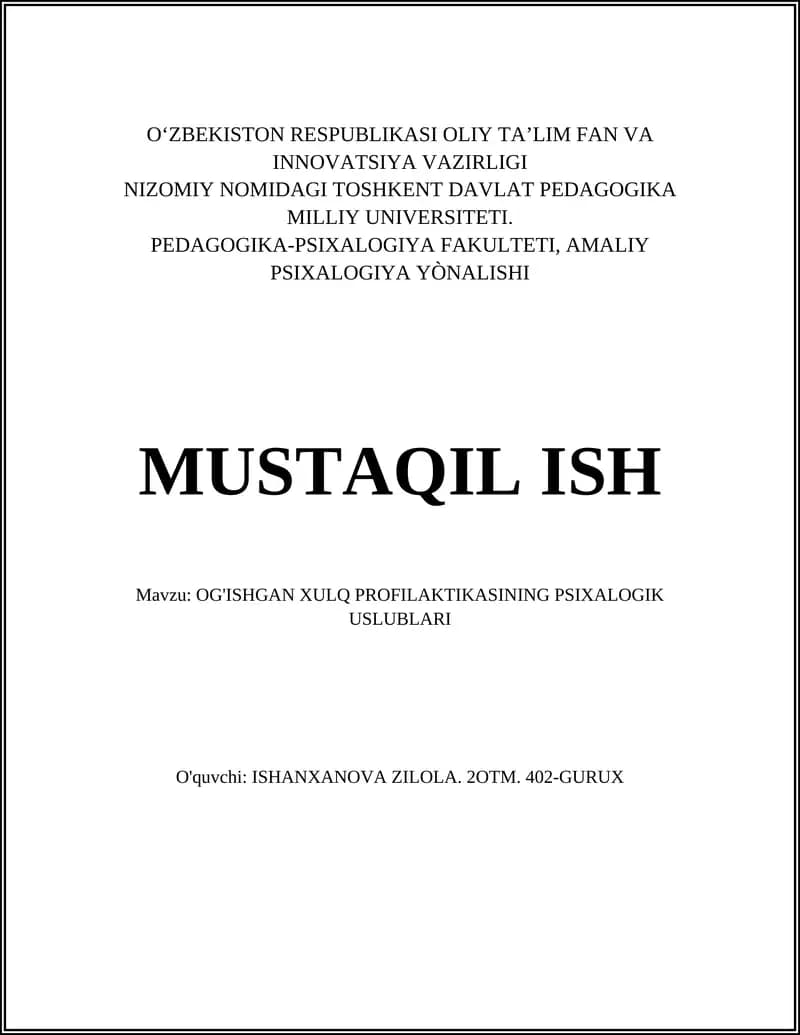 OG'ISHGAN XULQ PROFILAKTIKASINING PSIXALOGIK USLUBLARI