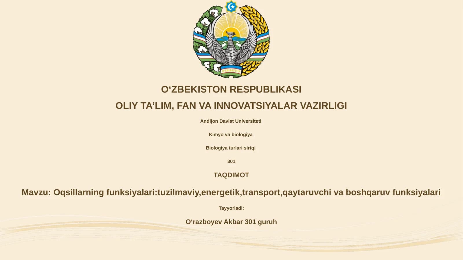 Oqsillarning funksiyalari:tuzilmaviy,energetik,transport,qaytaruvchi va boshqaruv funksiyalari