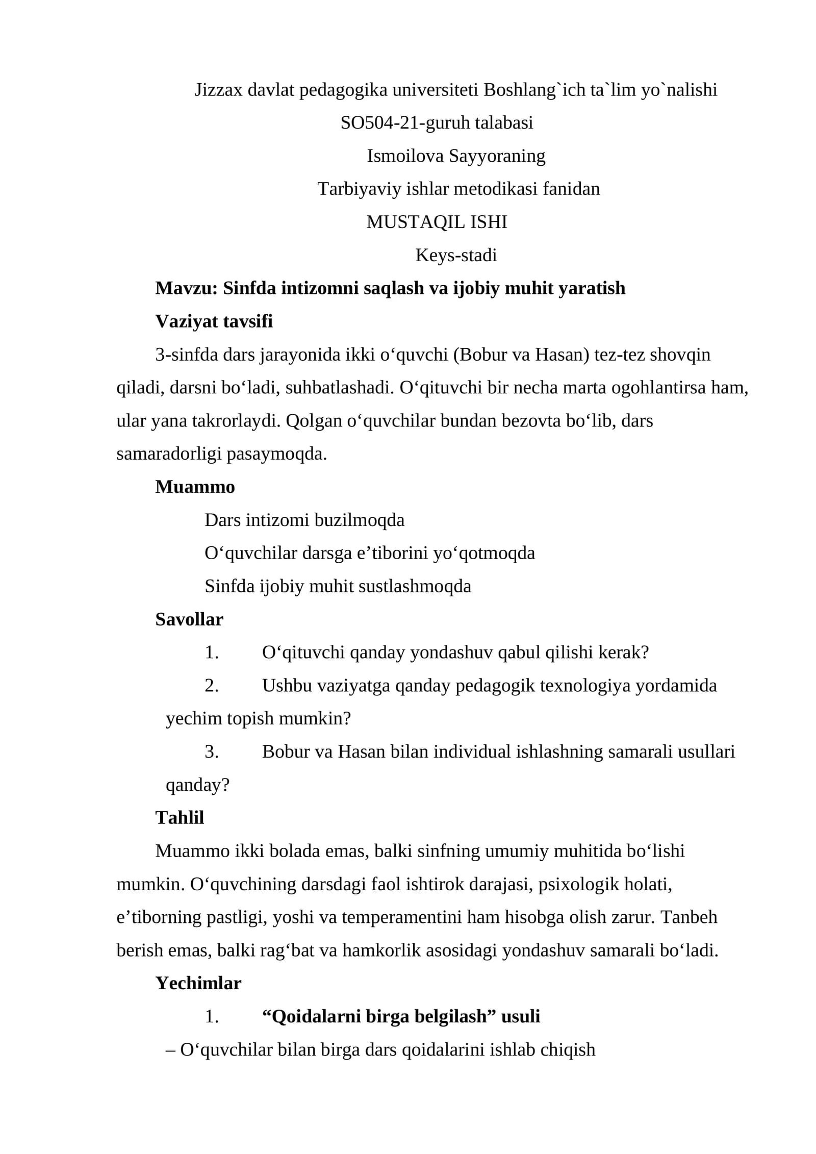 Mavzu: Sinfda intizomni saqlash va ijobiy muhit yaratish