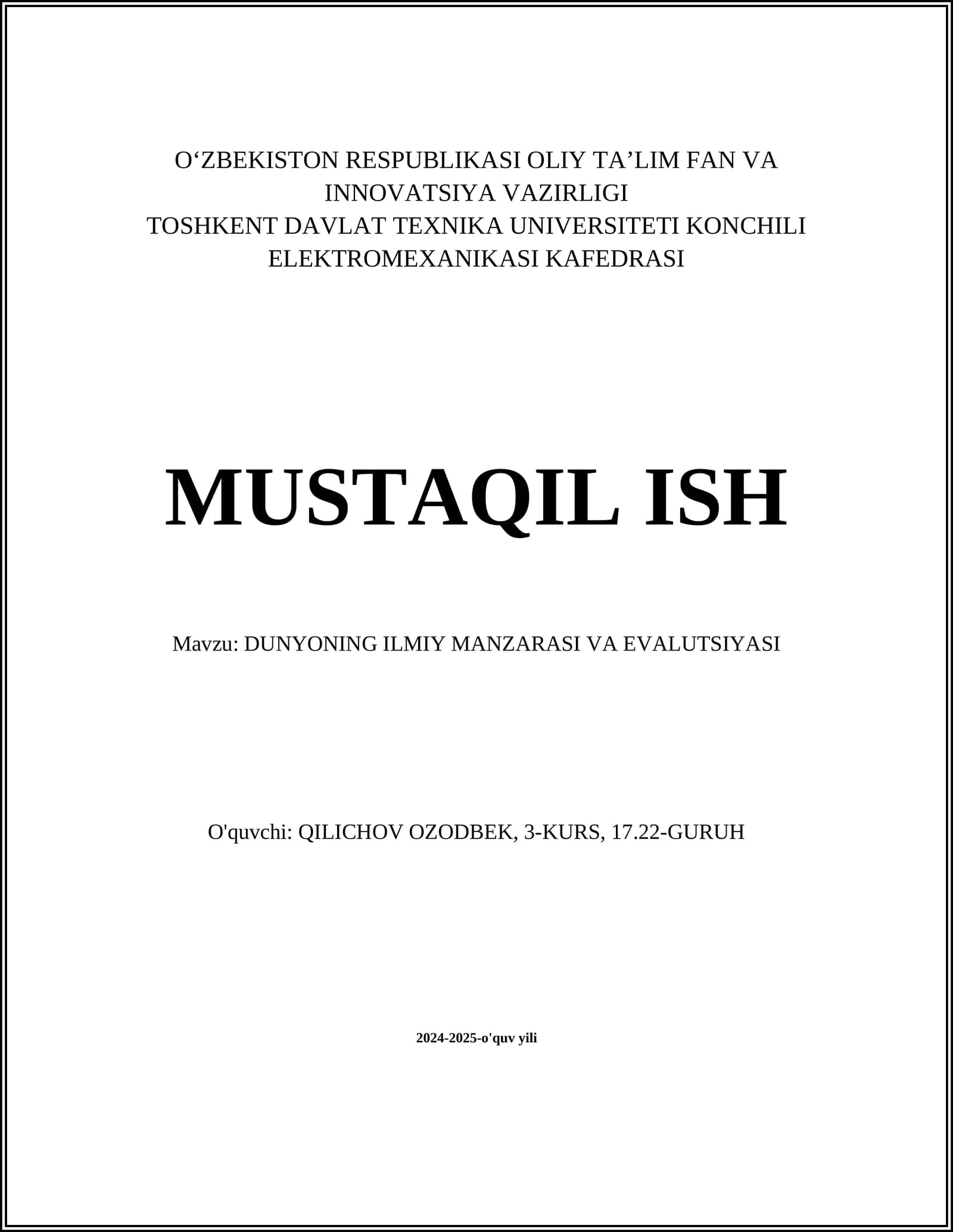 DUNYONING ILMIY MANZARASI VA EVALUTSIYASI