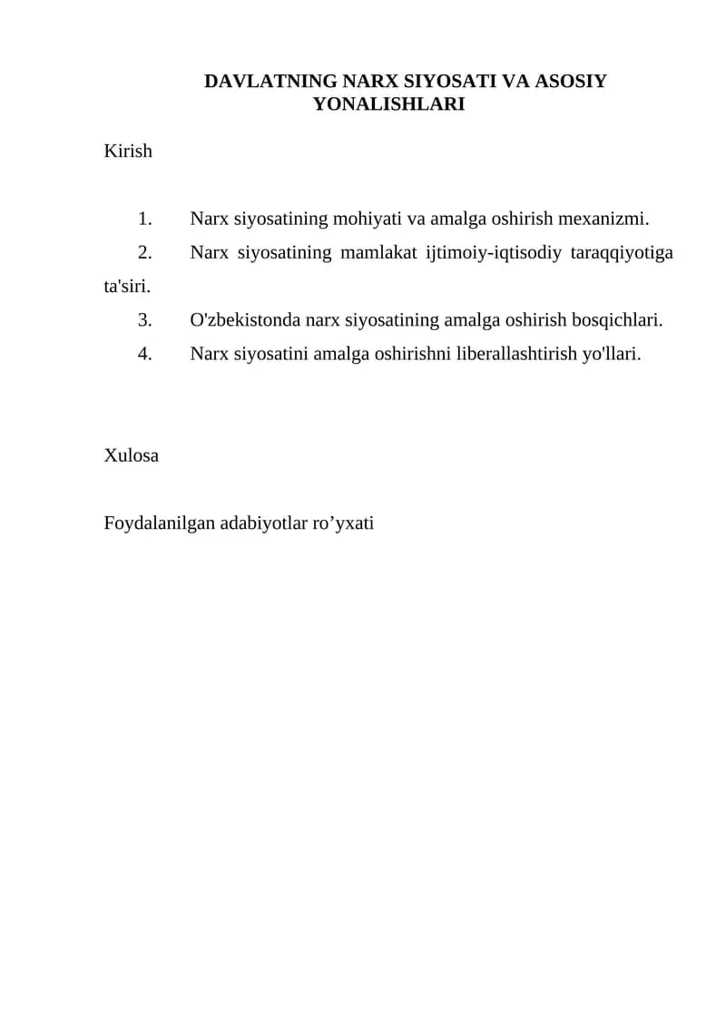 DAVLATNING NARX SIYOSATI VA ASOSIY YONALISHLARI