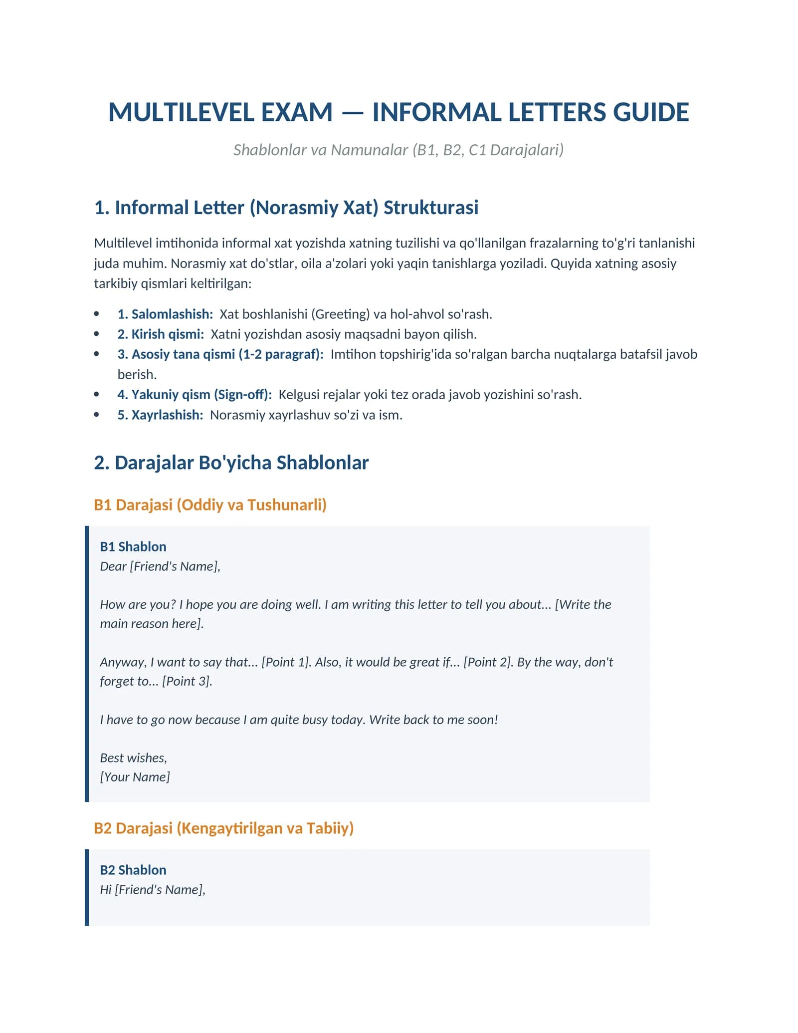 MULTILEVEL EXAM — INFORMAL LETTERS GUIDE