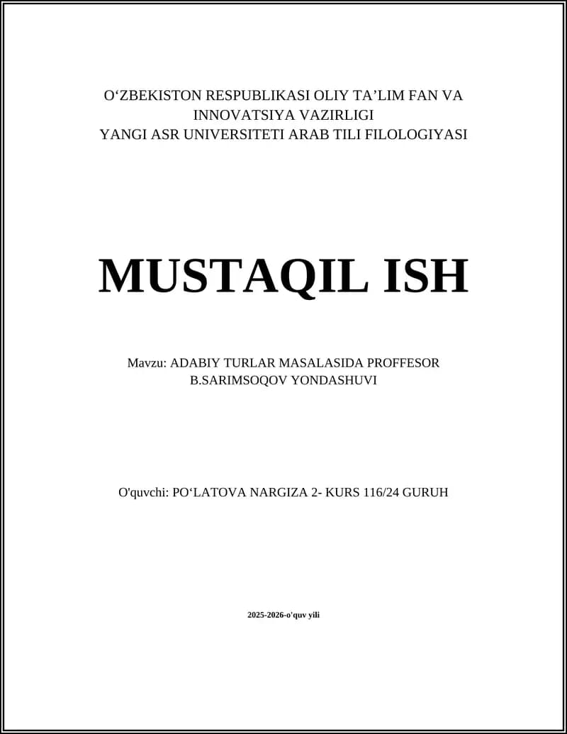 ADABIY TURLAR MASALASIDA PROFFESOR B.SARIMSOQOV YONDASHUVI