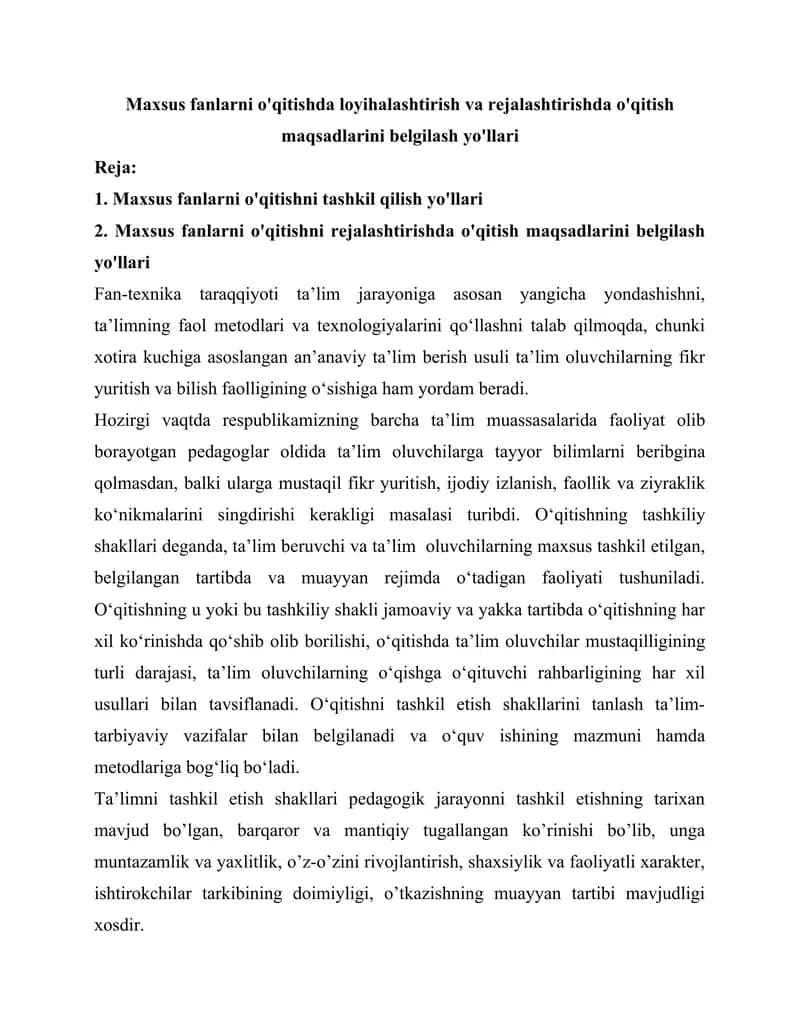 Maxsus fanlarni o'qitishda loyihalashtirish va rejalashtirishda o'qitish maqsadlarini belgilash yo'llari