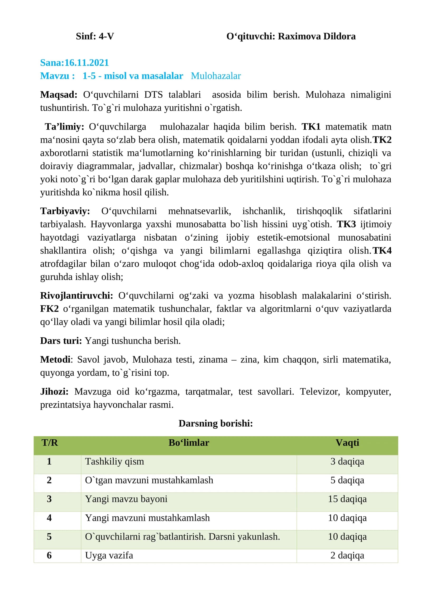 4-sinf Matematika Mulohazalar mavzusida dars ishlanma