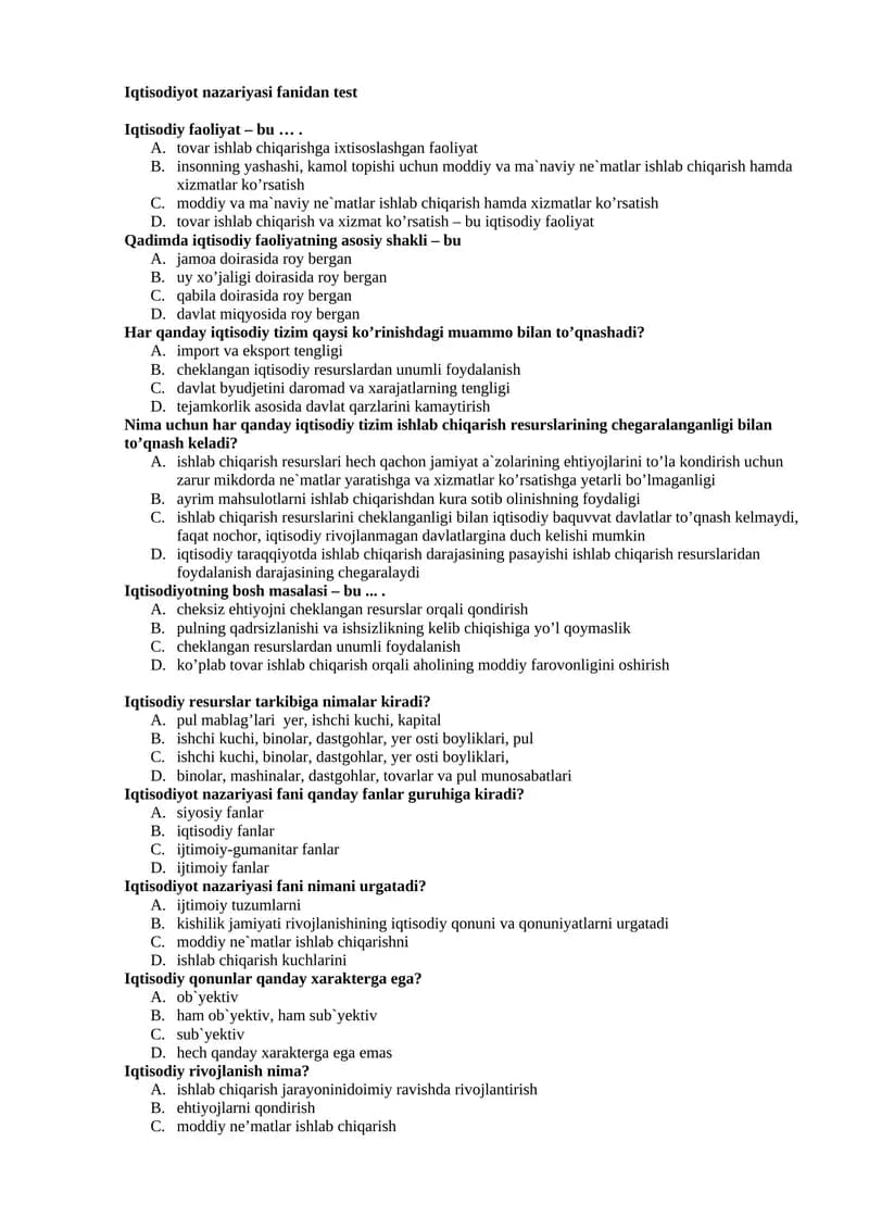 Iqtisodiyot nazariyasi fanidan test