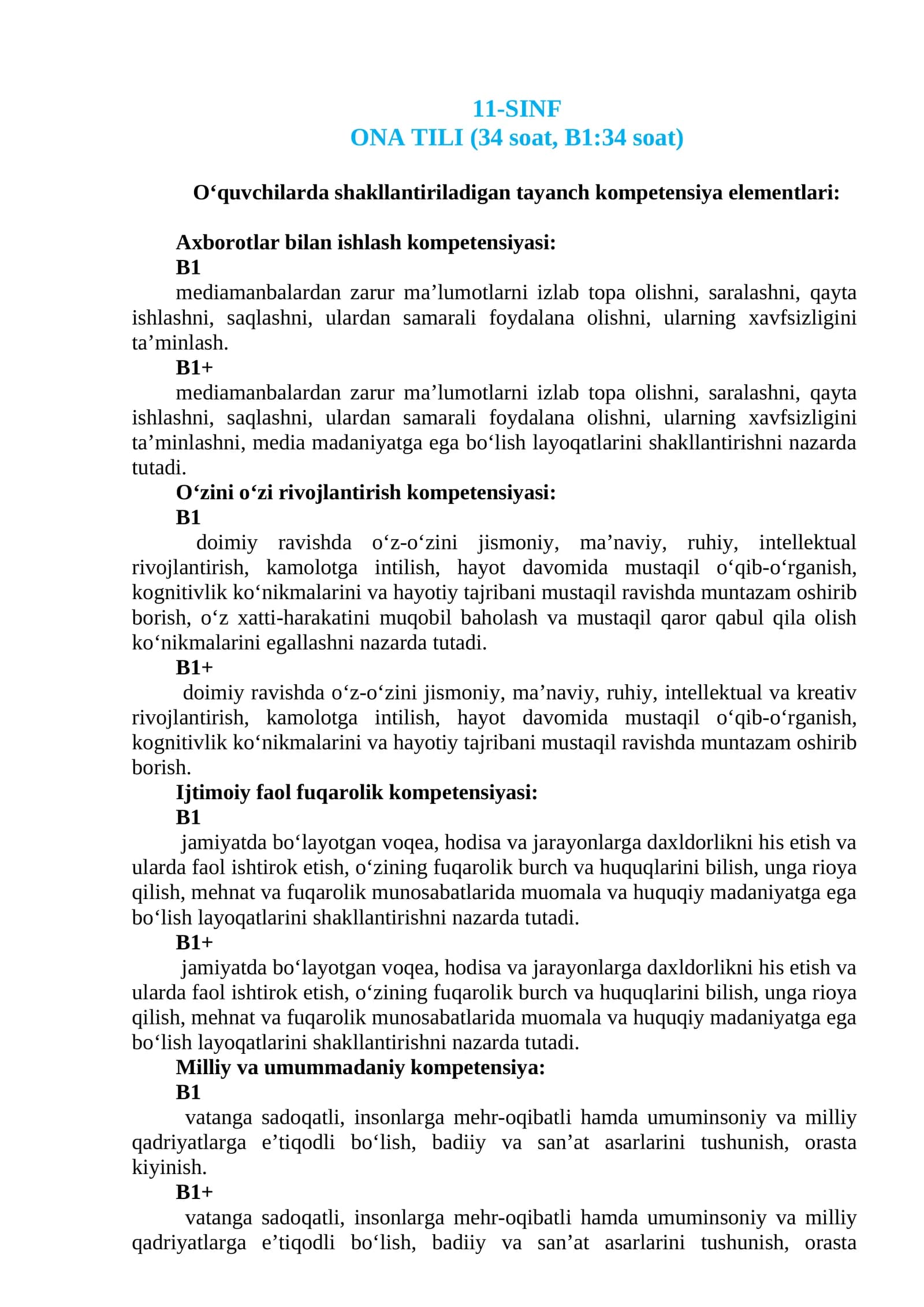 ONA TILI (34 soat, B1:34 soat)