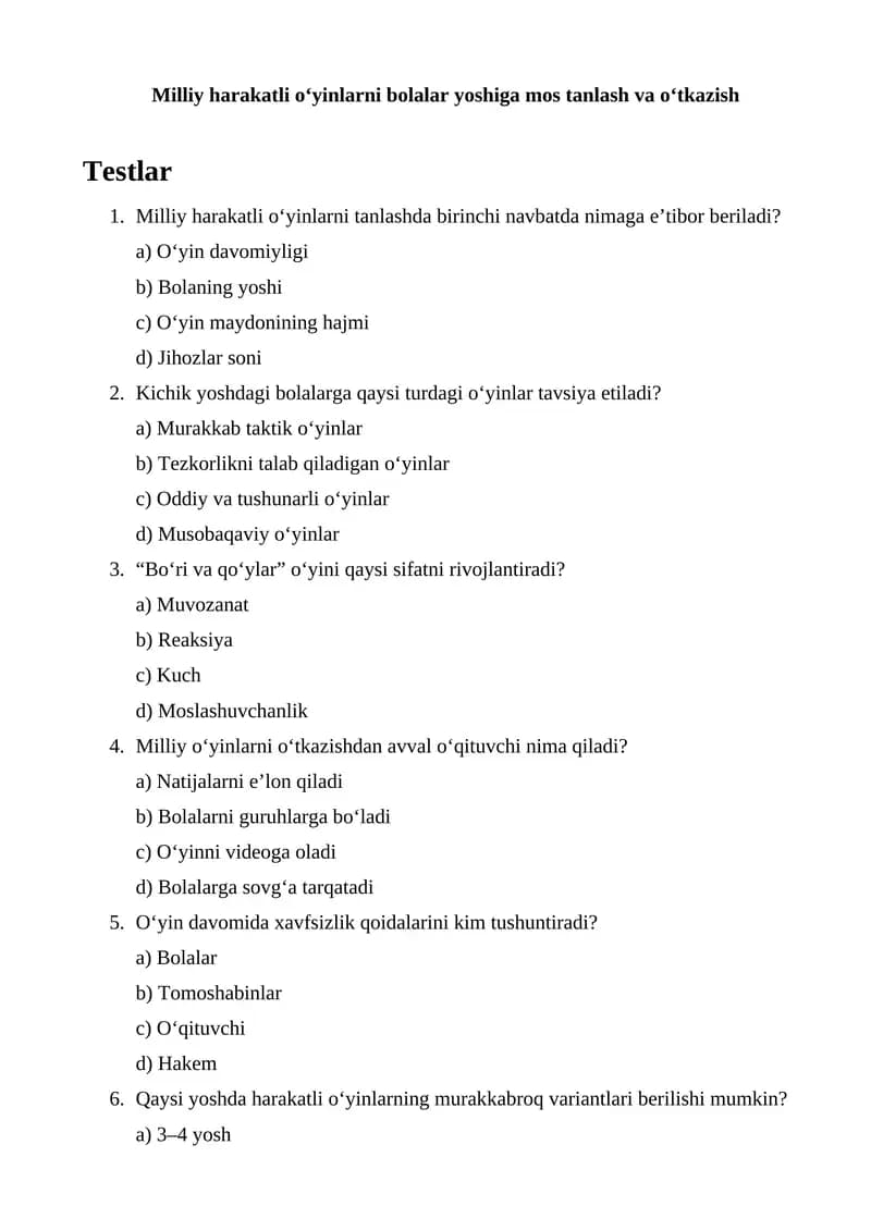 Milliy harakatli o‘yinlarni bolalar yoshiga mos tanlash va o‘tkazish