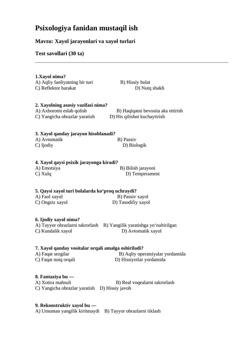Psixologiya mustaqil ish test
