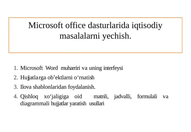 Microsoft office dasturlarida iqtisodiy masalalarni yechish.
