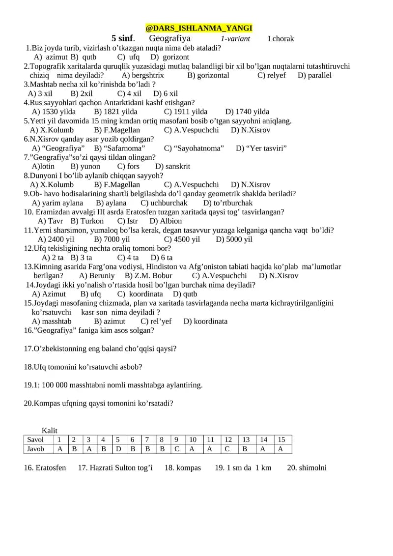 5 sinf. Geografiya 1-variant I chorak