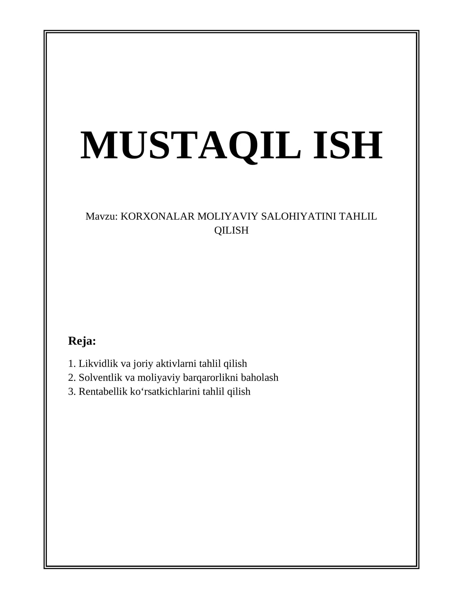 KORXONALAR MOLIYAVIY SALOHIYATINI TAHLIL QILISH